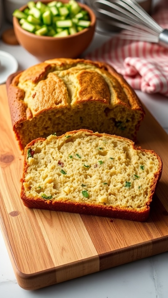A slice of zucchini bread with visible zucchini flecks on a wooden board.